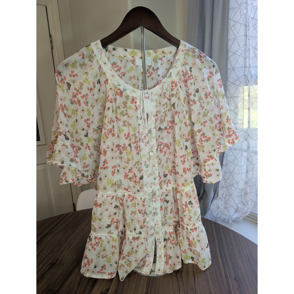 J Jill Large Light Floral Blouse Flowy 100% Cotton Flirty Cottage Boho style
